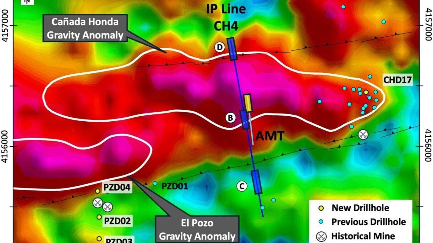 Figure 2 – Cañada Honda and El Pozo gravity anomalies showing SQUID IP and AMT anomalies and drillhole locations (see Figure 3)