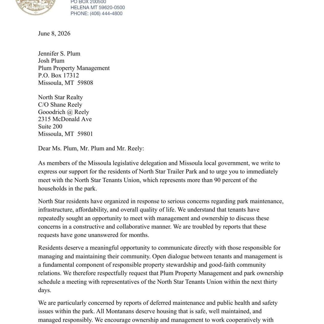Letter to Plum Property Management
