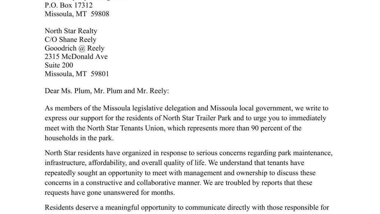 Letter to North Star mobile home court property manager and owner