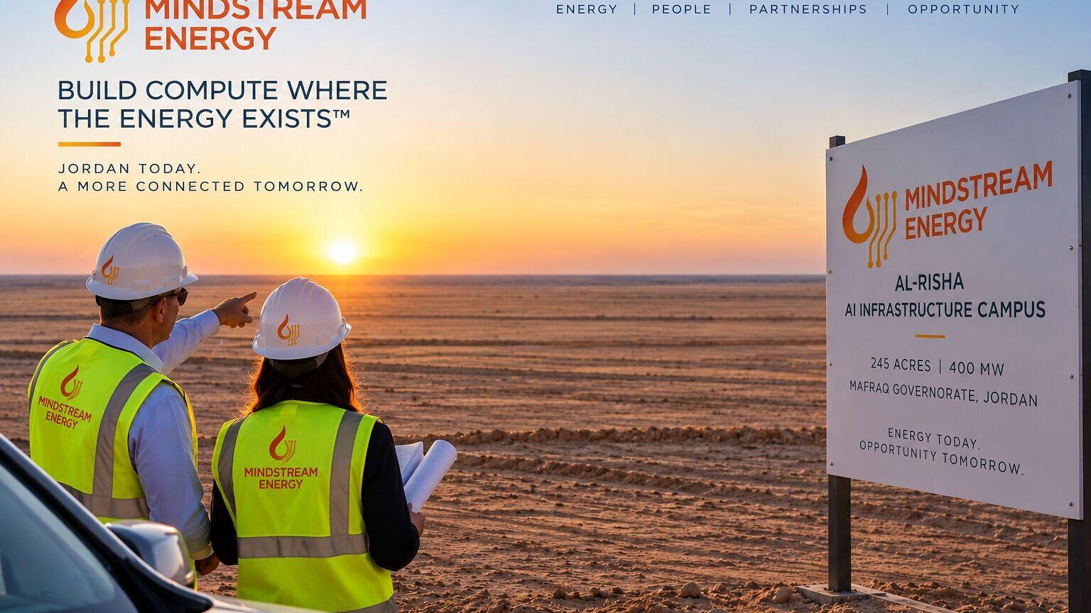 Mindstream Energy's planned Al-Risha campus in Jordan, where 50- 70 MW in Q2 2027 of initial AI data center capacity in MENA is being developed around contracted natural gas, on-site power generation, and modular AI/HPC infrastructure. Designed for neoc...