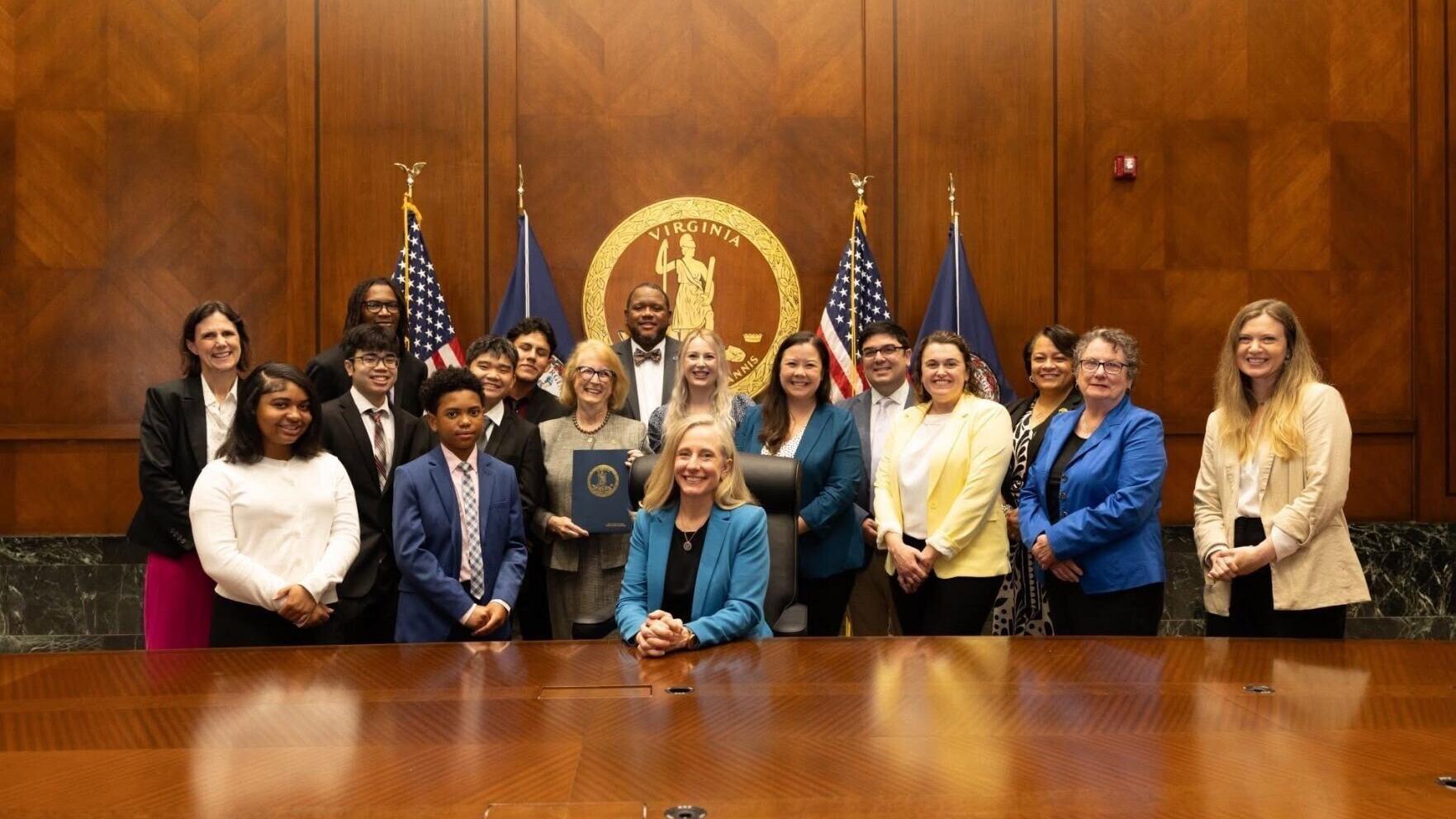 Virginia music students, educators, administrators, and VMEA leadership with Del. Vivian Watts (holding signed HB478) and Governor Abigail Spanberger at the bill signing in June 2026.
Photo: Tyler Patterson, courtesy of the Office of the Governor of Vir...