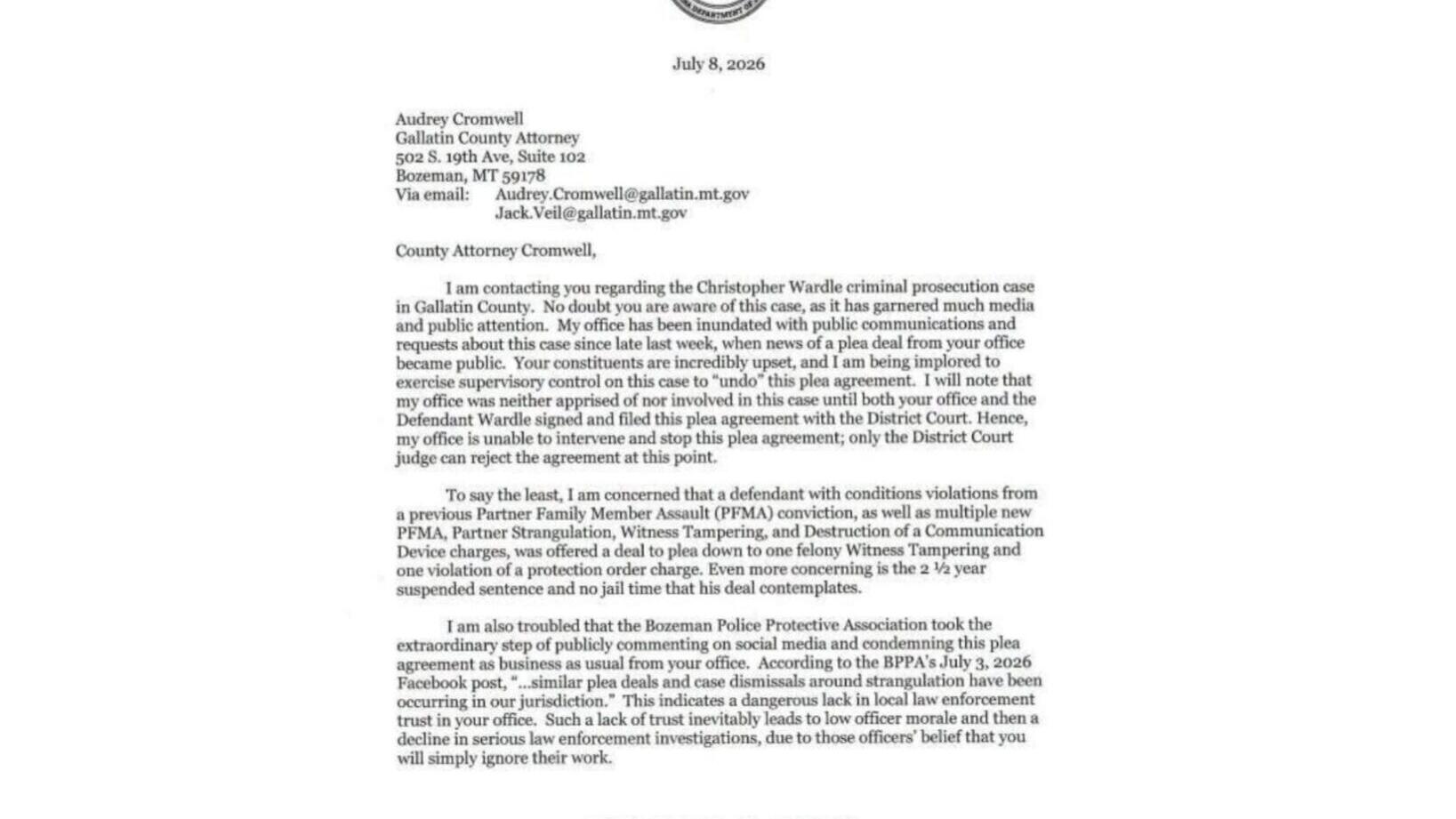 Attorney General demands report on Gallatin plea deal in strangulation case