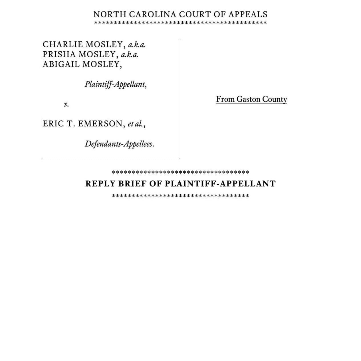 FNF - NC - Lawsuit Mosley v Emerson Plaintiff Appeal Replay Brief NCCOA July 28