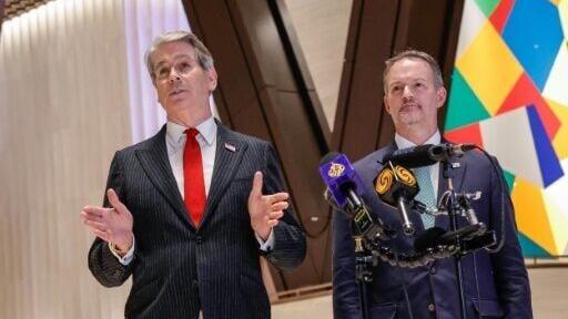 US Treasury Secretary Scott Bessent, left, and US Trade Representative Jamieson Greer after a meeting with China's Vice Premier He Lifeng in New York on Sunday
