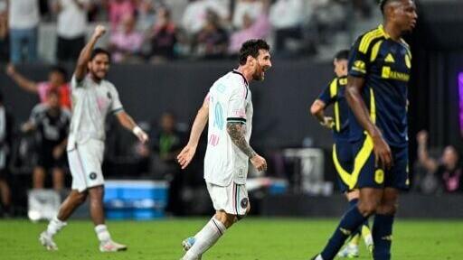 Lionel Messi celebrates scoring for Inter Miami in a 2-2 draw with Eastern Conference leaders Nashville