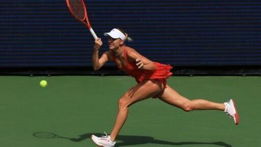 Austria's Anastasia Potapova hits a return on her way to upsetting 2025 US Open runner-up Amanda Anisimova of the United States