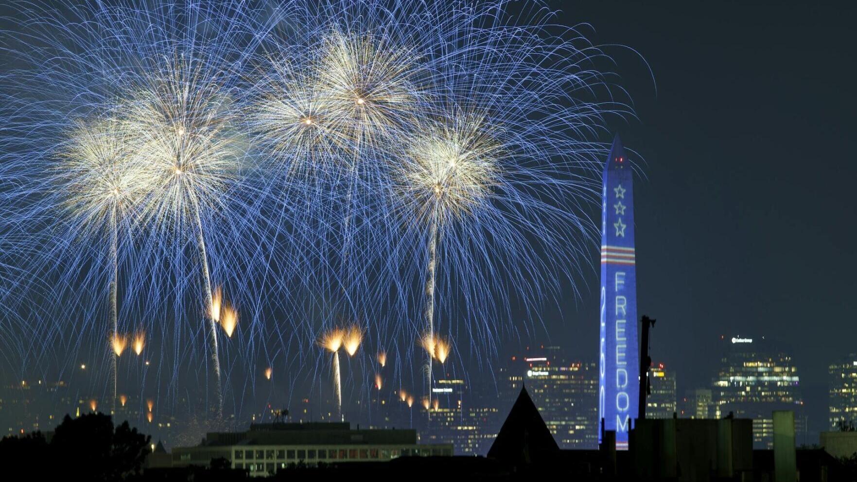 Fireworks from the Freedom 250 celebration go off after delays due to a thunderstorm in the wee hours of July 5, 2026, in Washington.