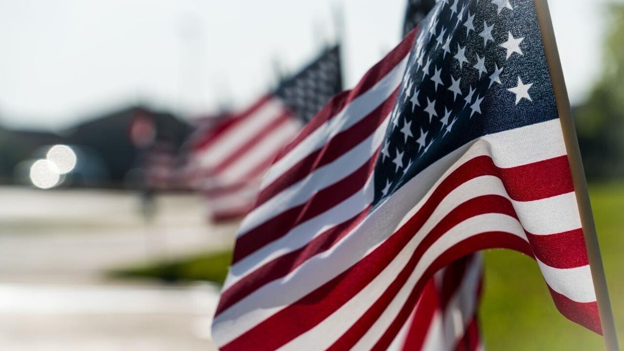 American flags line a street