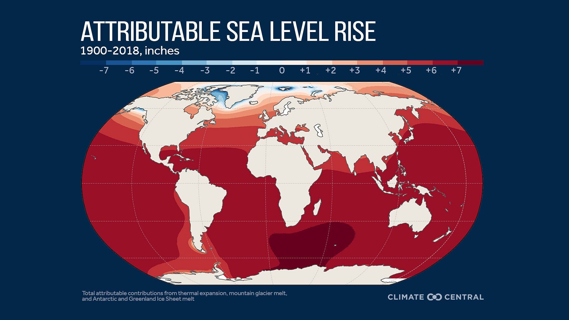 Attributable sea level rise map showing how much sea level rise globally can be attributed to climate change over 1900-2018.