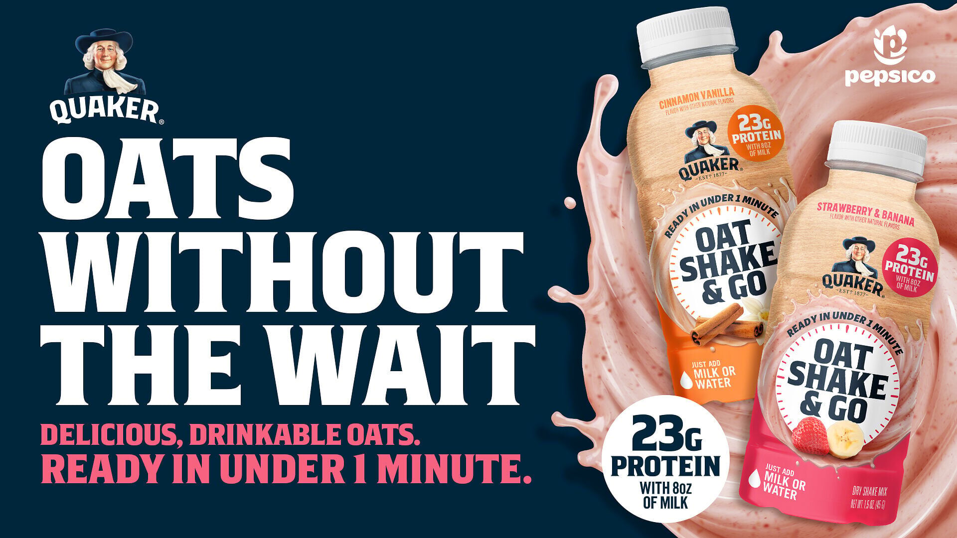 Today, the brand introduces Quaker Oat Shake &amp; Go, bringing the power of protein, fiber and 100% whole grain oats into a drinkable format.