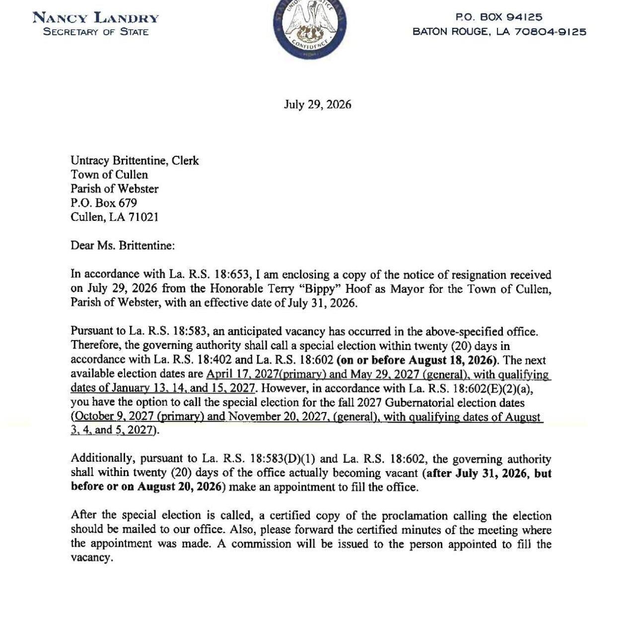 Mayor Terry Hoof's resignation letter
