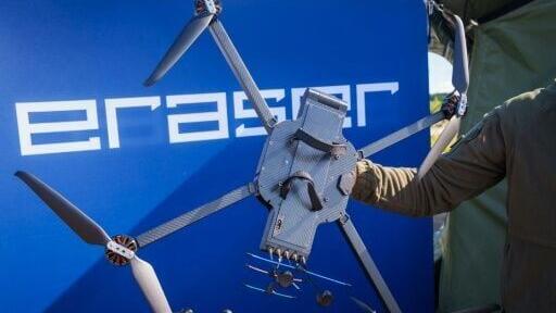 A Latvian Eraser B19 drone on display at anti-drone international military excises that Latvia hosted in 2025